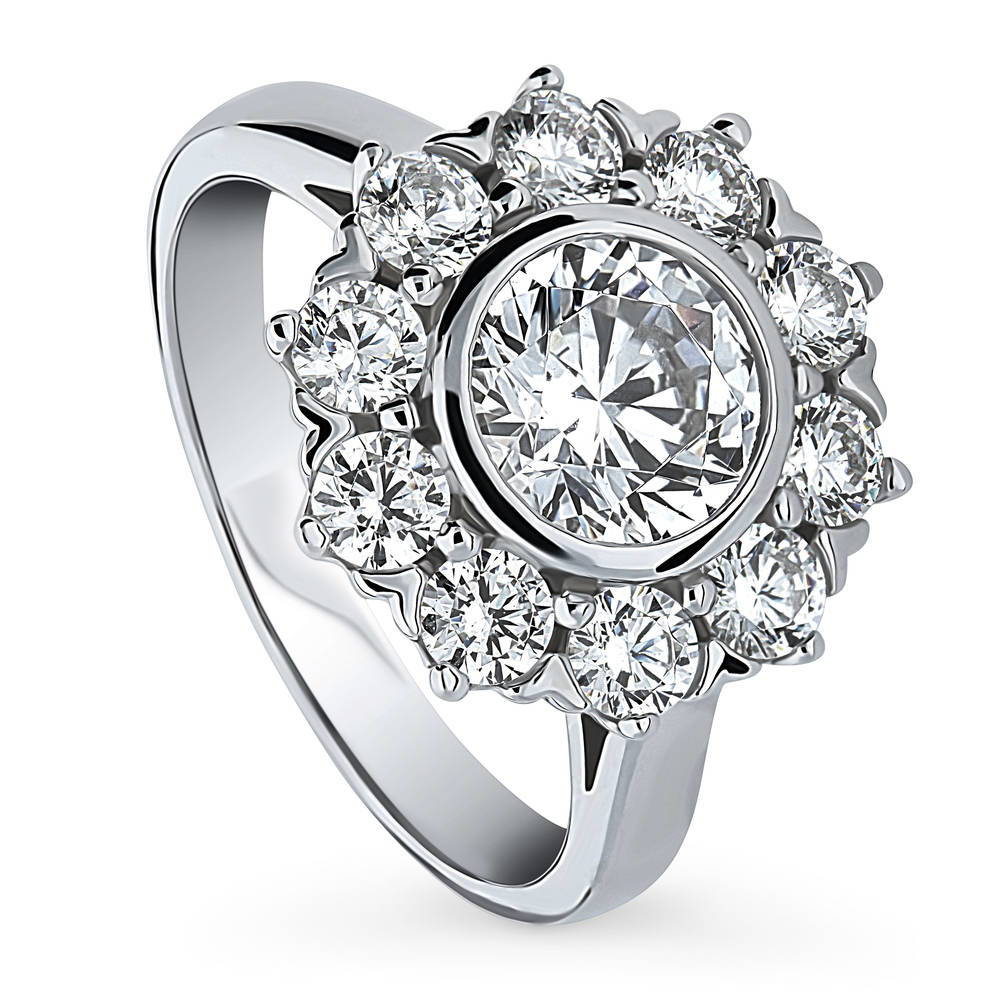 Front view of Halo Flower Round CZ Ring in Sterling Silver, 4 of 10