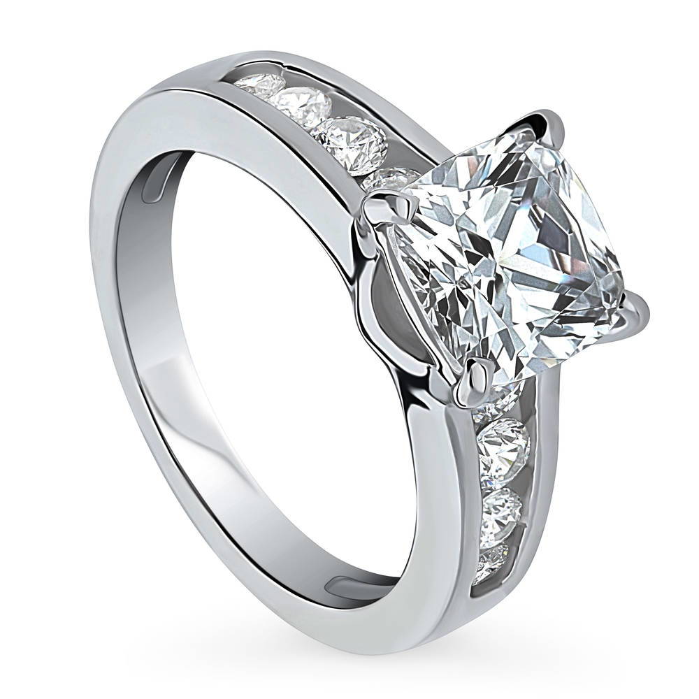 Front view of Solitaire 3ct Cushion CZ Ring in Sterling Silver, 4 of 9