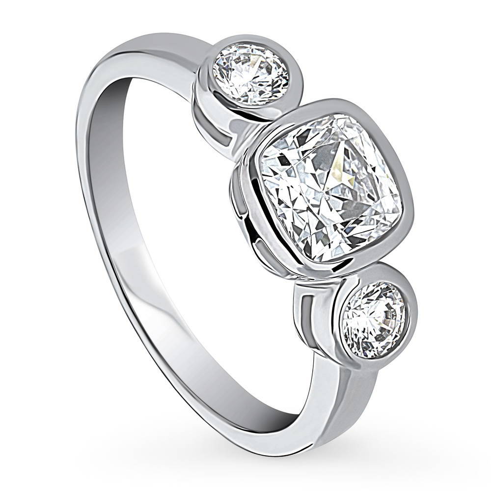 Front view of 3-Stone Cushion CZ Ring in Sterling Silver