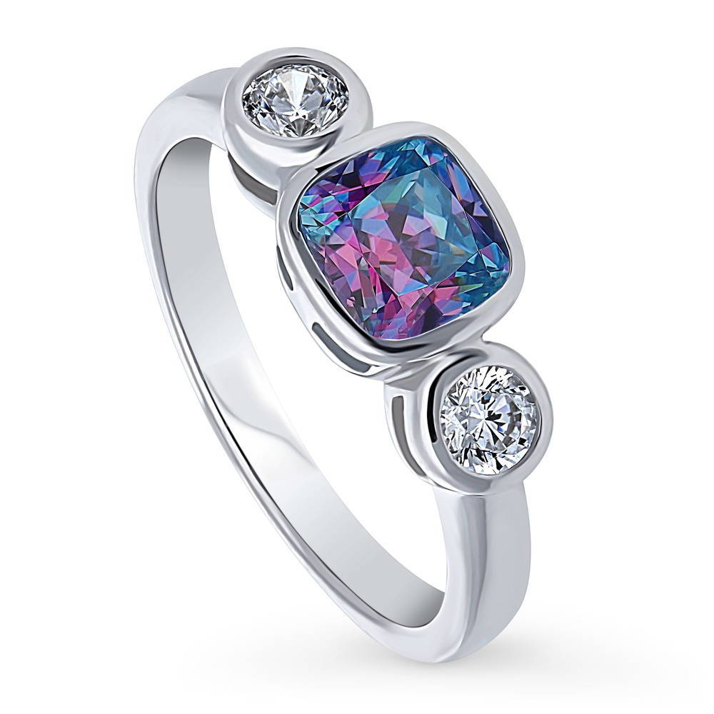 Front view of 3-Stone Kaleidoscope Purple Aqua Cushion CZ Ring in Sterling Silver