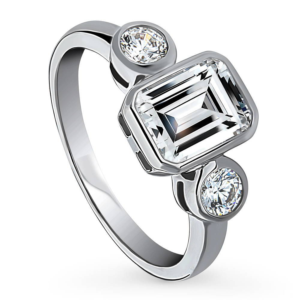 Front view of 3-Stone Step Emerald Cut CZ Ring in Sterling Silver