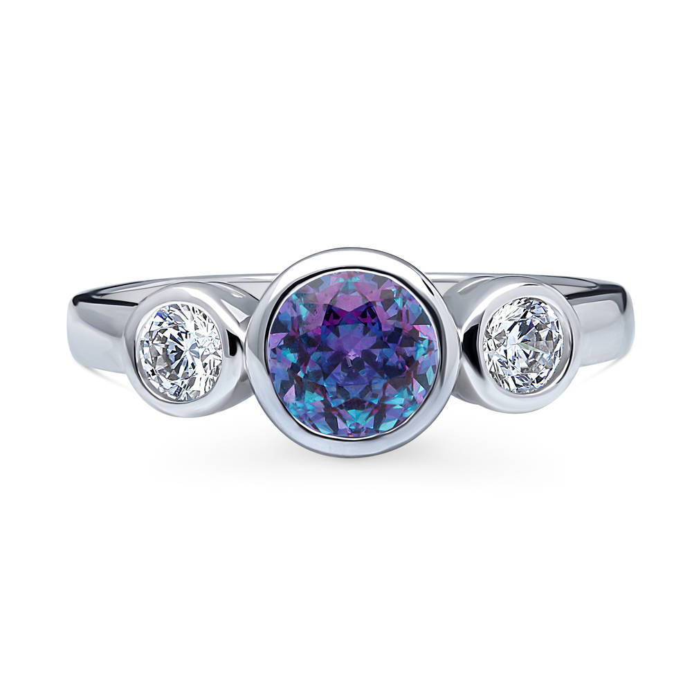 3-Stone Kaleidoscope Purple Aqua Round CZ Ring in Sterling Silver