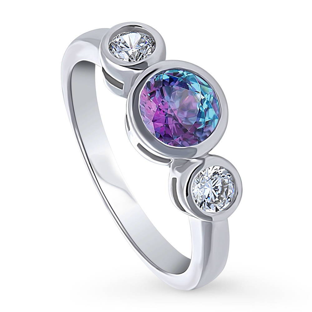 Front view of 3-Stone Kaleidoscope Purple Aqua Round CZ Ring in Sterling Silver