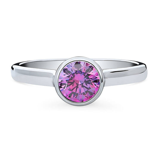 Solitaire Purple Bezel Set Round CZ Ring in Sterling Silver 0.8ct