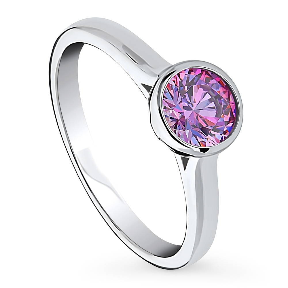 Front view of Solitaire Purple Bezel Set Round CZ Ring in Sterling Silver 0.8ct