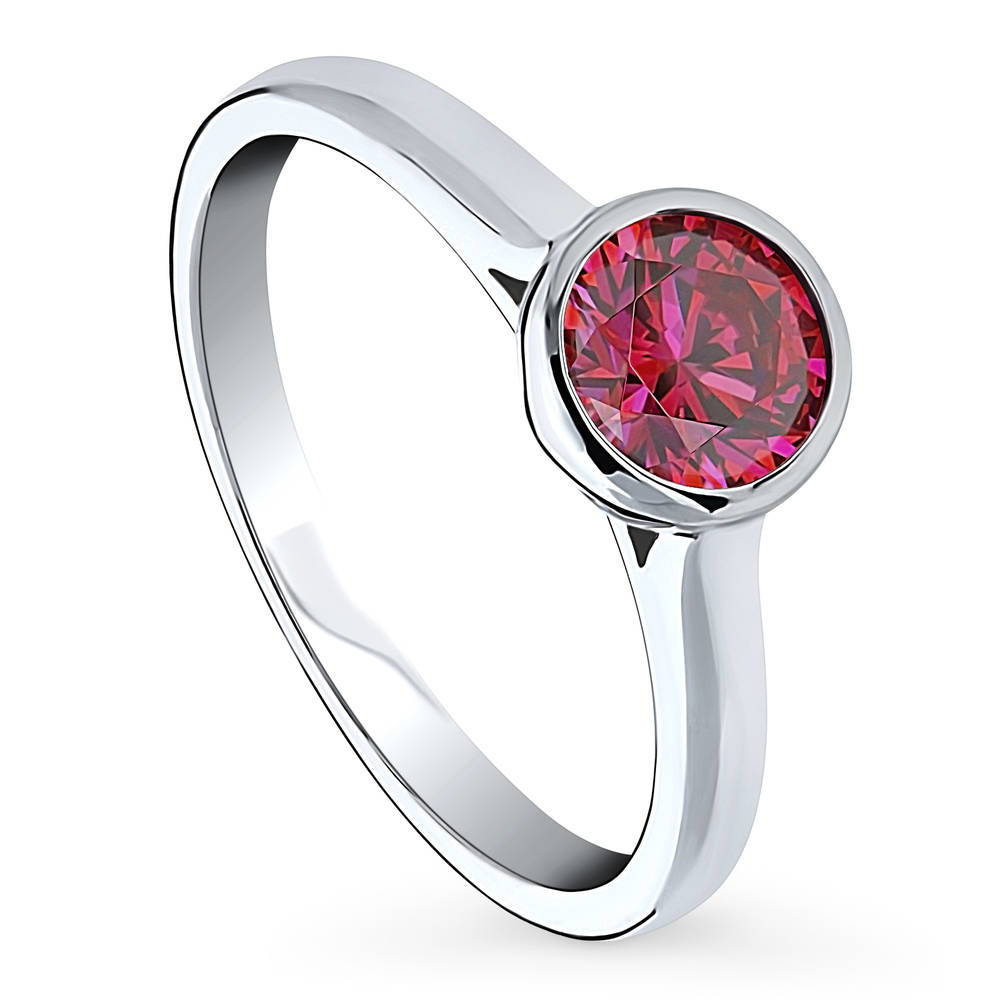 Front view of Solitaire Red Bezel Set Round CZ Ring in Sterling Silver 0.8ct