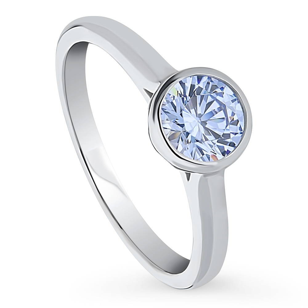 Front view of Solitaire Greyish Blue Bezel Set Round CZ Ring in Sterling Silver 0.8ct, 4 of 9