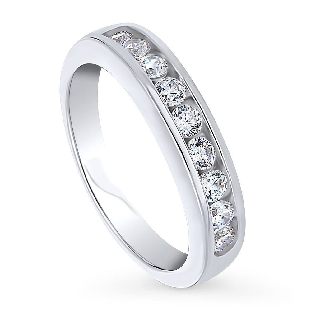 Channel Set CZ Curved Half Eternity Ring in Sterling Silver, front view