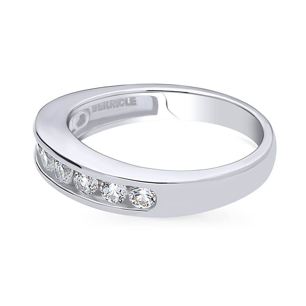 Angle view of Channel Set CZ Curved Half Eternity Ring in Sterling Silver