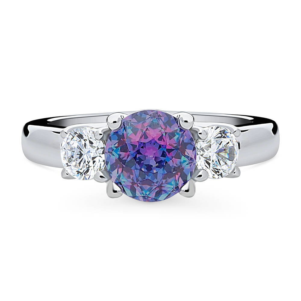 3-Stone Kaleidoscope Purple Aqua Round CZ Ring in Sterling Silver, 1 of 9