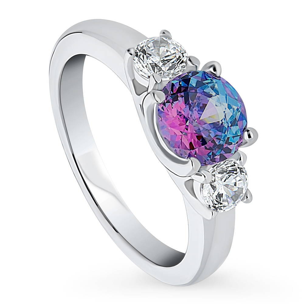 Front view of 3-Stone Kaleidoscope Purple Aqua Round CZ Ring in Sterling Silver