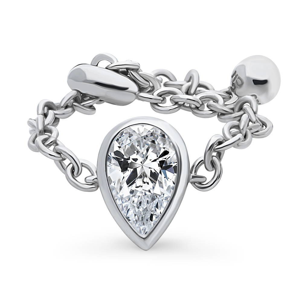 Solitaire Bezel Set Pear CZ Chain Ring in Sterling Silver 0.8ct, 1 of 8