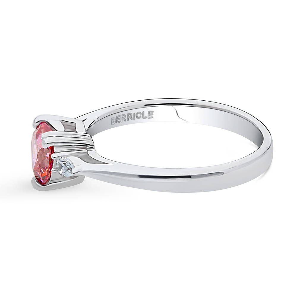 Angle view of 3-Stone Heart Red CZ Ring in Sterling Silver