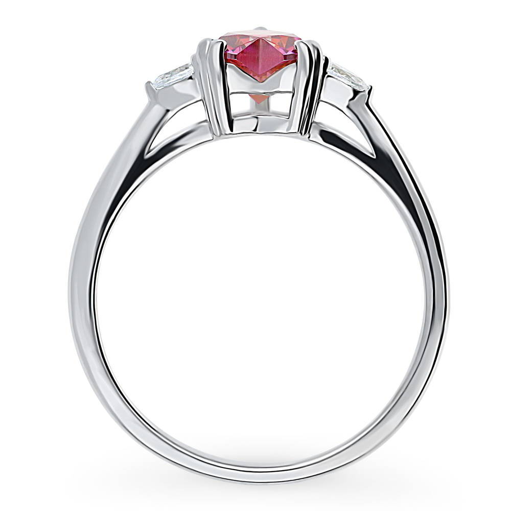 Alternate view of 3-Stone Heart Red CZ Ring in Sterling Silver