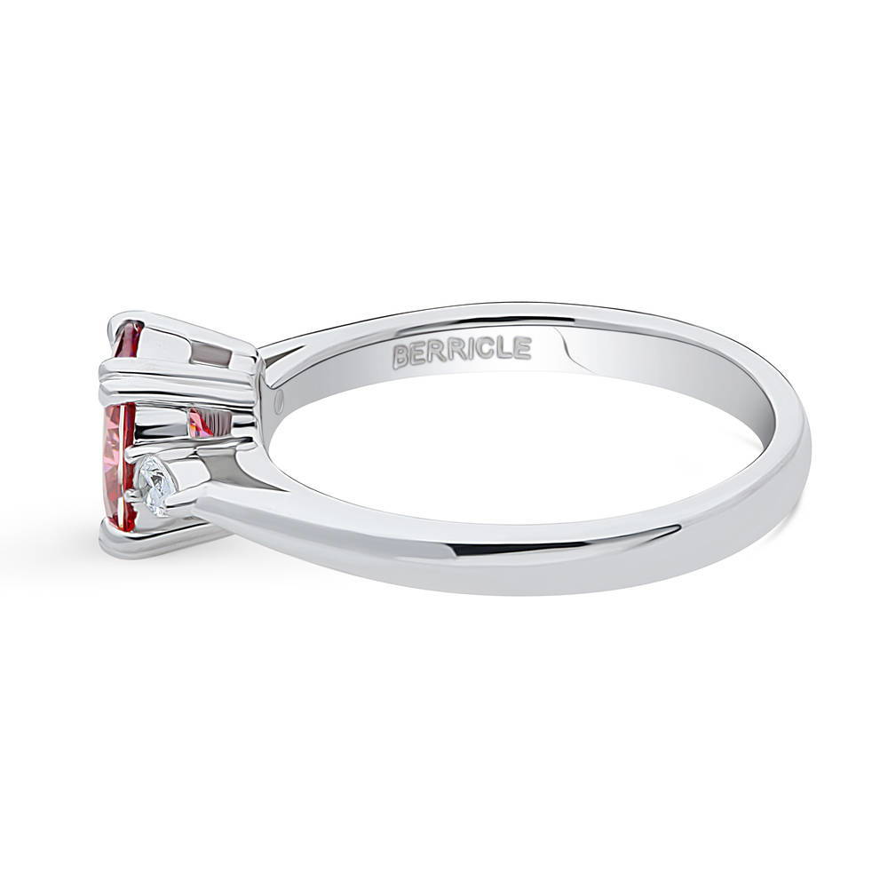 Angle view of 3-Stone Red Oval CZ Ring in Sterling Silver