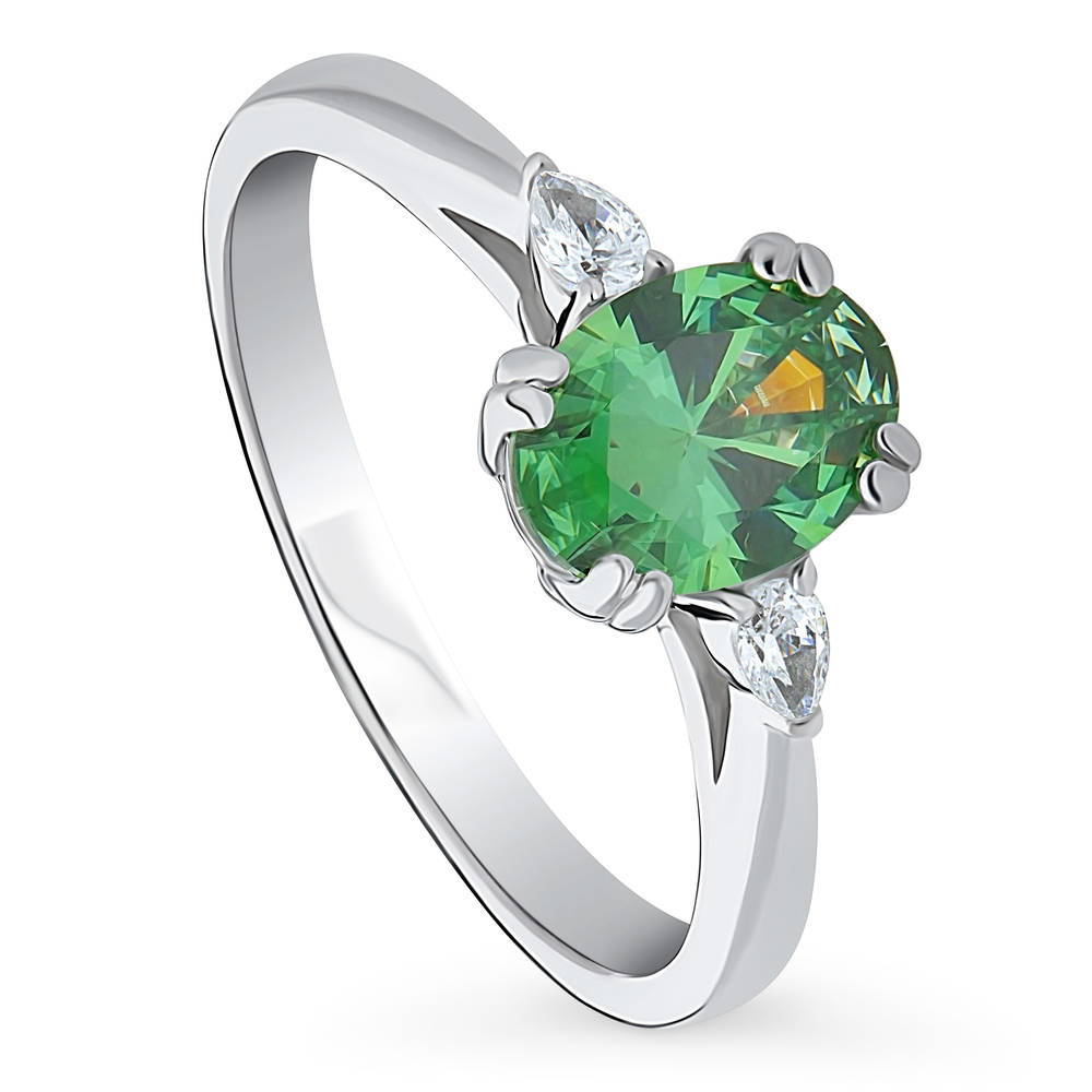 Front view of 3-Stone Green Oval CZ Ring in Sterling Silver, 4 of 9