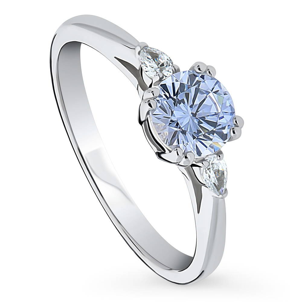 Front view of 3-Stone Greyish Blue Round CZ Ring in Sterling Silver, 4 of 9