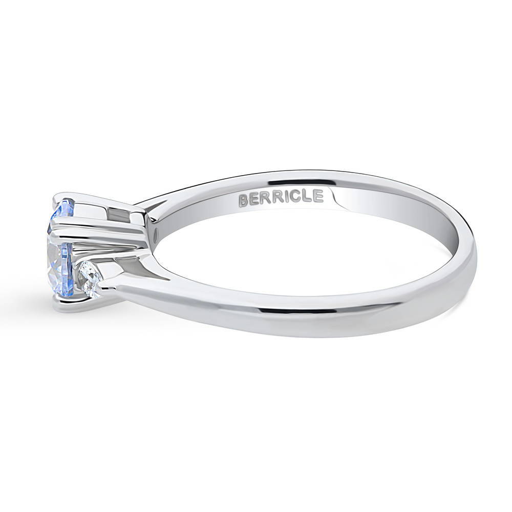 Angle view of 3-Stone Greyish Blue Round CZ Ring in Sterling Silver, 5 of 9