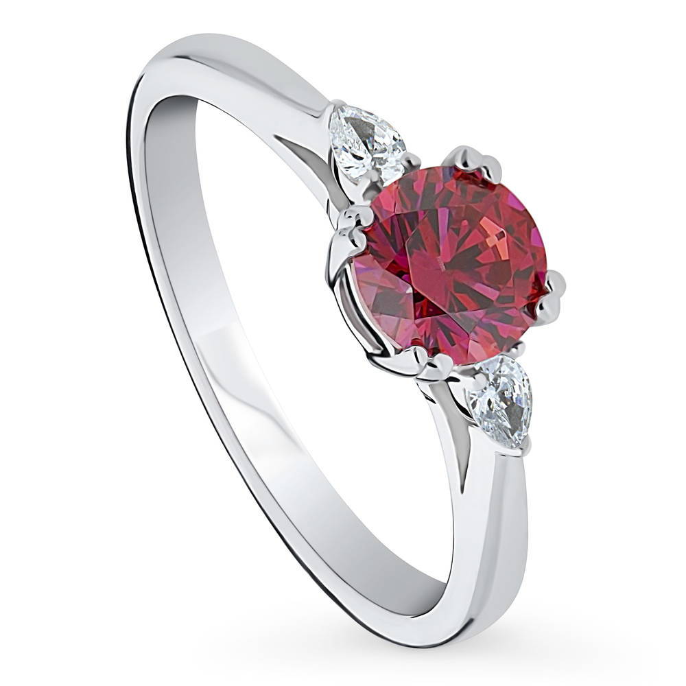 Front view of 3-Stone Red Round CZ Ring in Sterling Silver