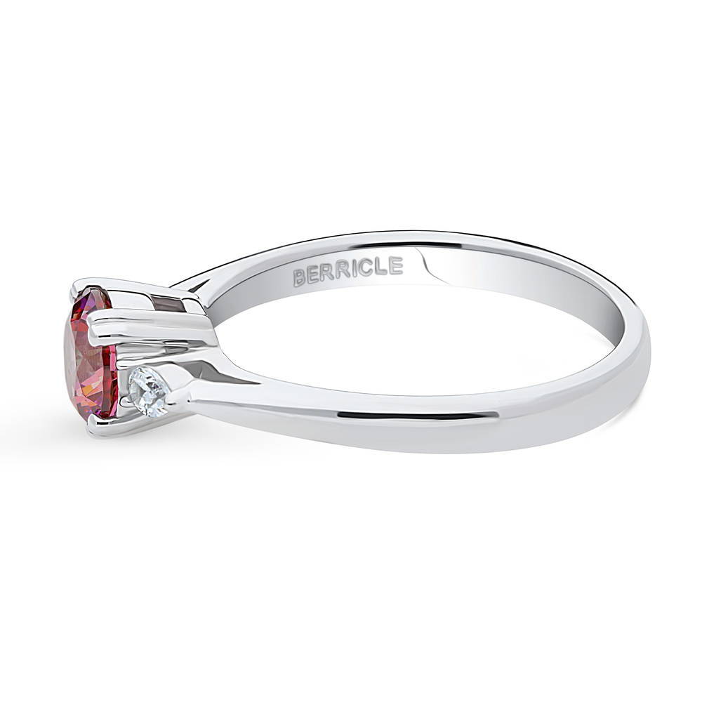 Angle view of 3-Stone Red Round CZ Ring in Sterling Silver