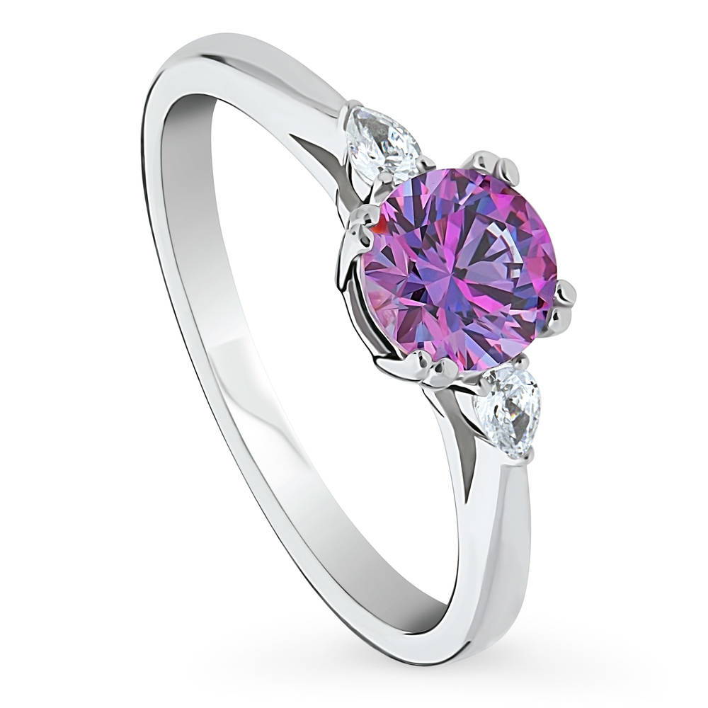 Front view of 3-Stone Purple Round CZ Ring in Sterling Silver, 4 of 9
