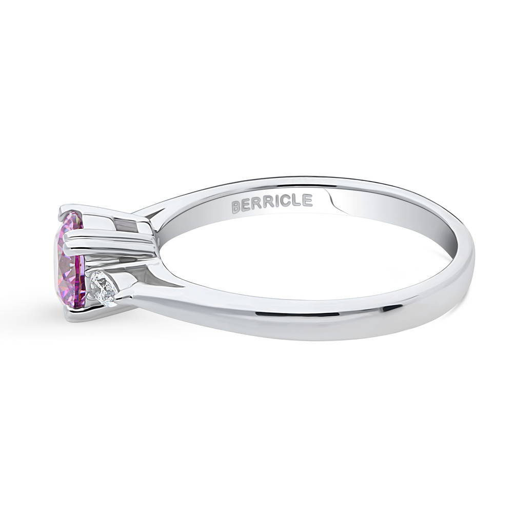 Angle view of 3-Stone Purple Round CZ Ring in Sterling Silver
