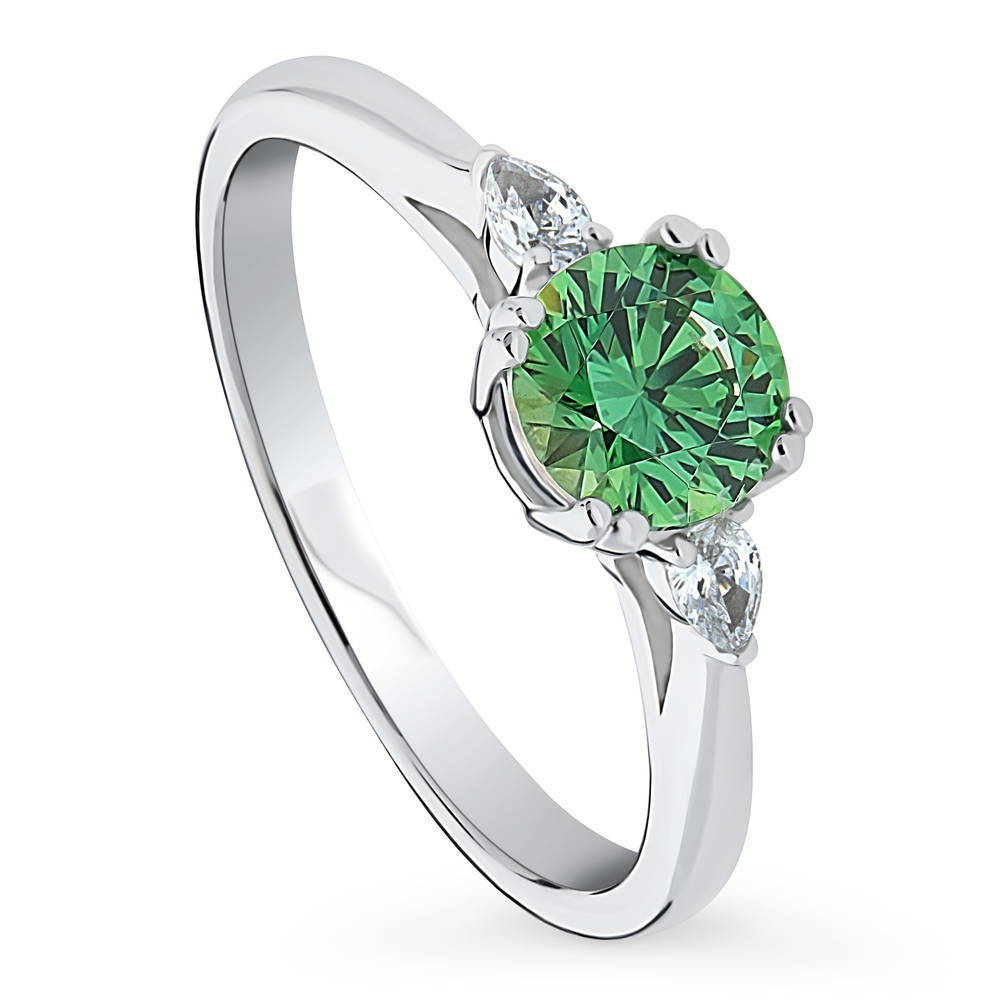 Front view of 3-Stone Green Round CZ Ring in Sterling Silver