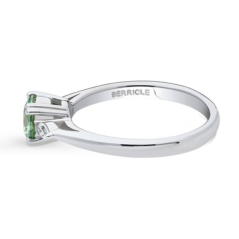 Angle view of 3-Stone Green Round CZ Ring in Sterling Silver