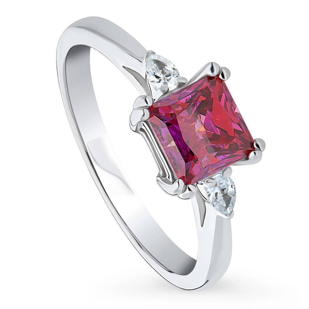 Front view of 3-Stone Red Princess CZ Ring in Sterling Silver