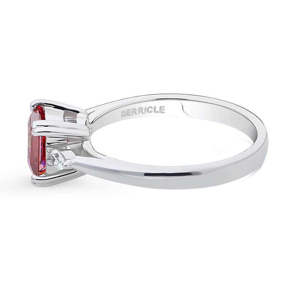 Angle view of 3-Stone Red Princess CZ Ring in Sterling Silver