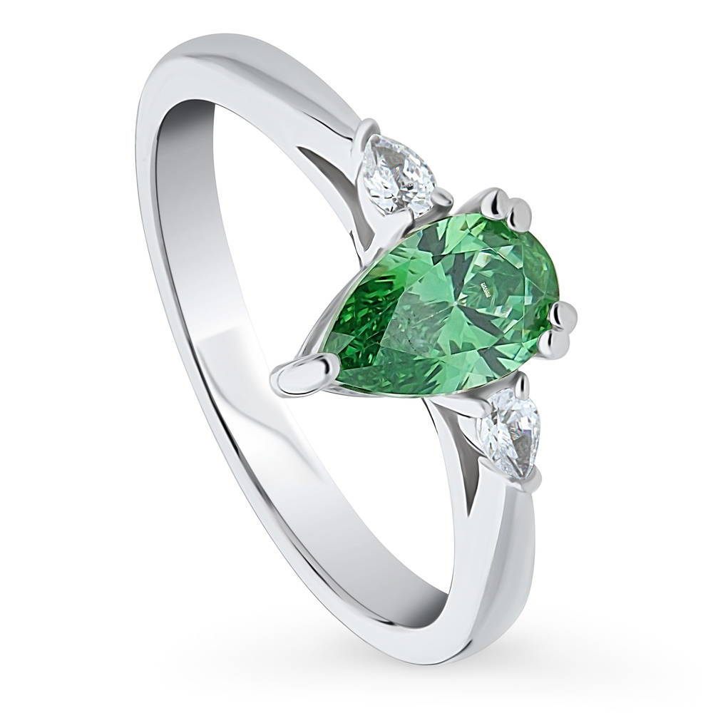 Front view of 3-Stone Green Pear CZ Ring in Sterling Silver, 4 of 9