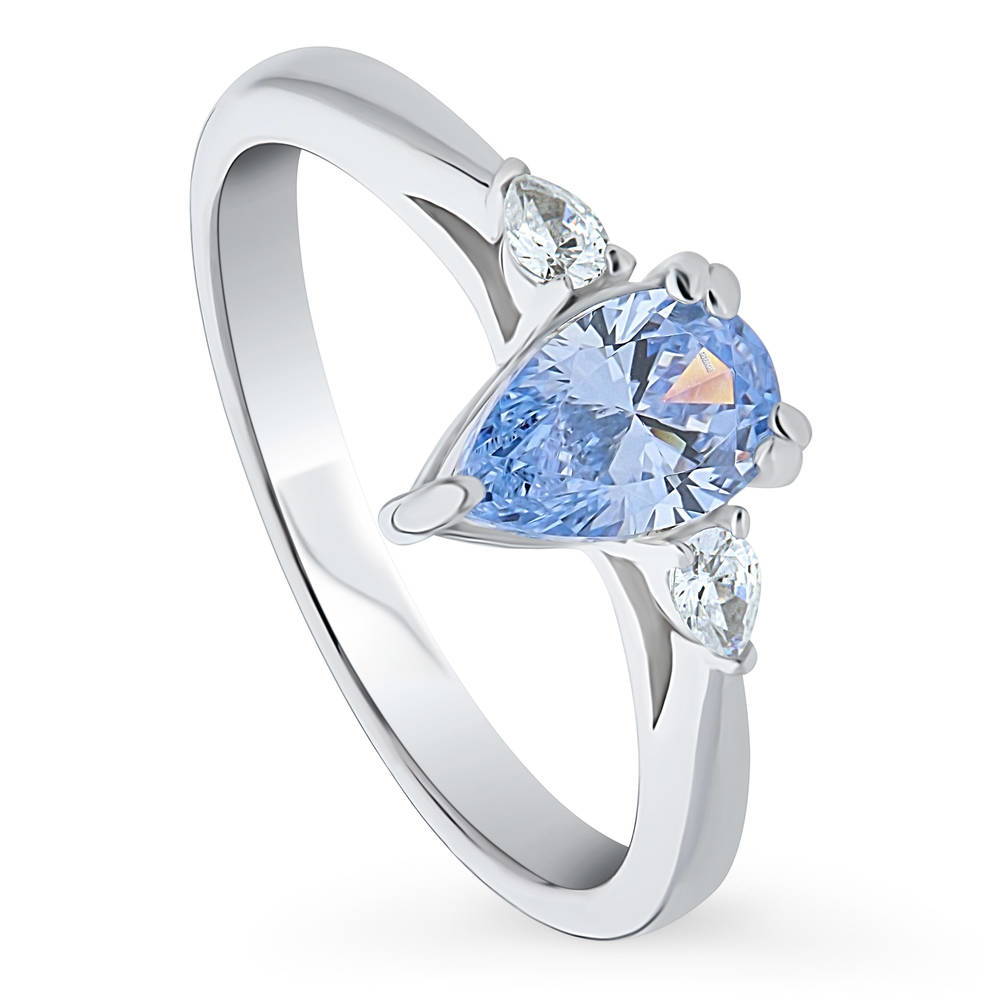Front view of 3-Stone Greyish Blue Pear CZ Ring in Sterling Silver
