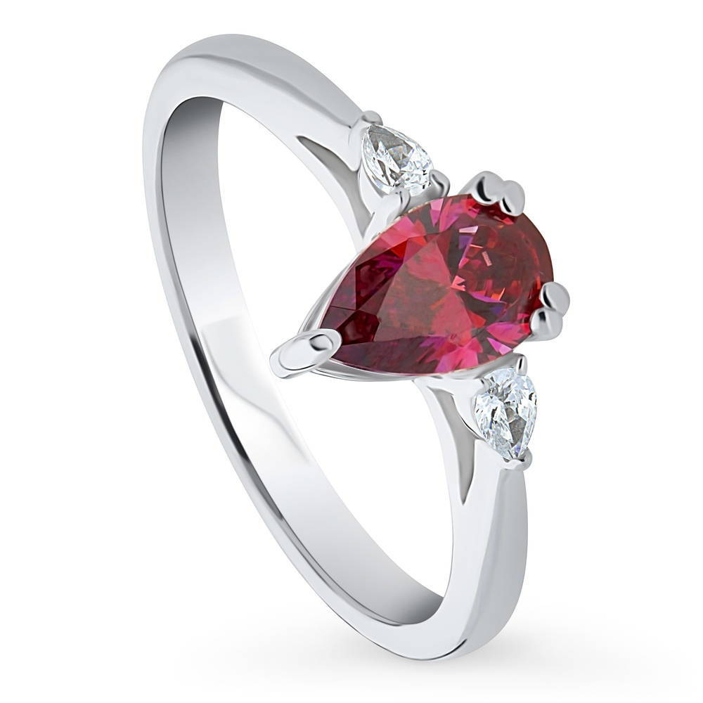 Front view of 3-Stone Red Pear CZ Ring in Sterling Silver