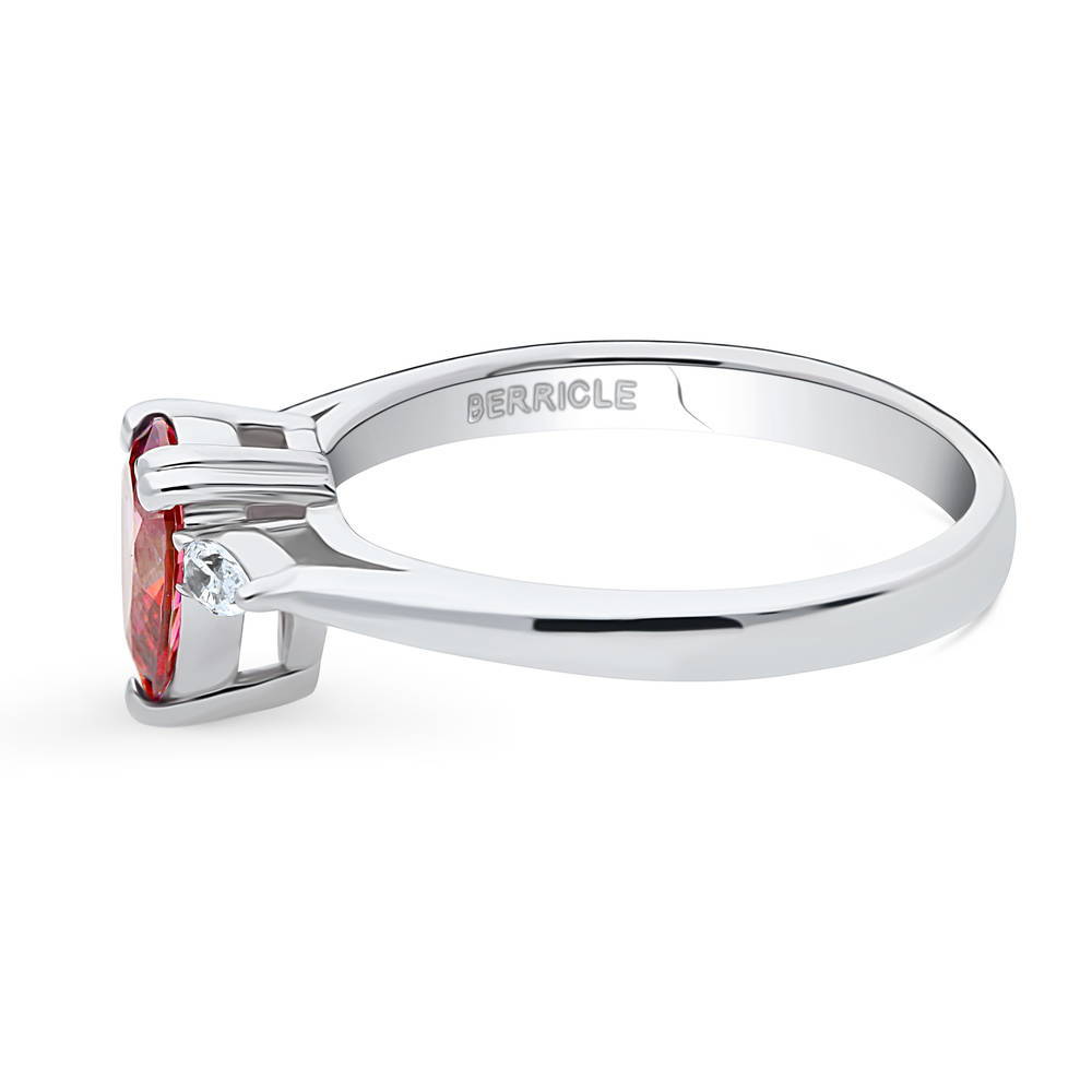 Angle view of 3-Stone Red Pear CZ Ring in Sterling Silver