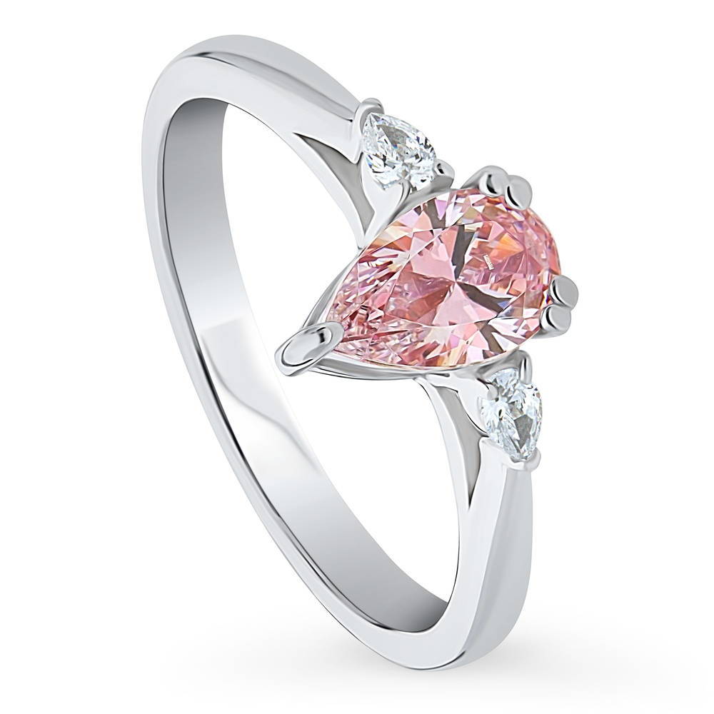 3-Stone Morganite Color Pear CZ Ring in Sterling Silver