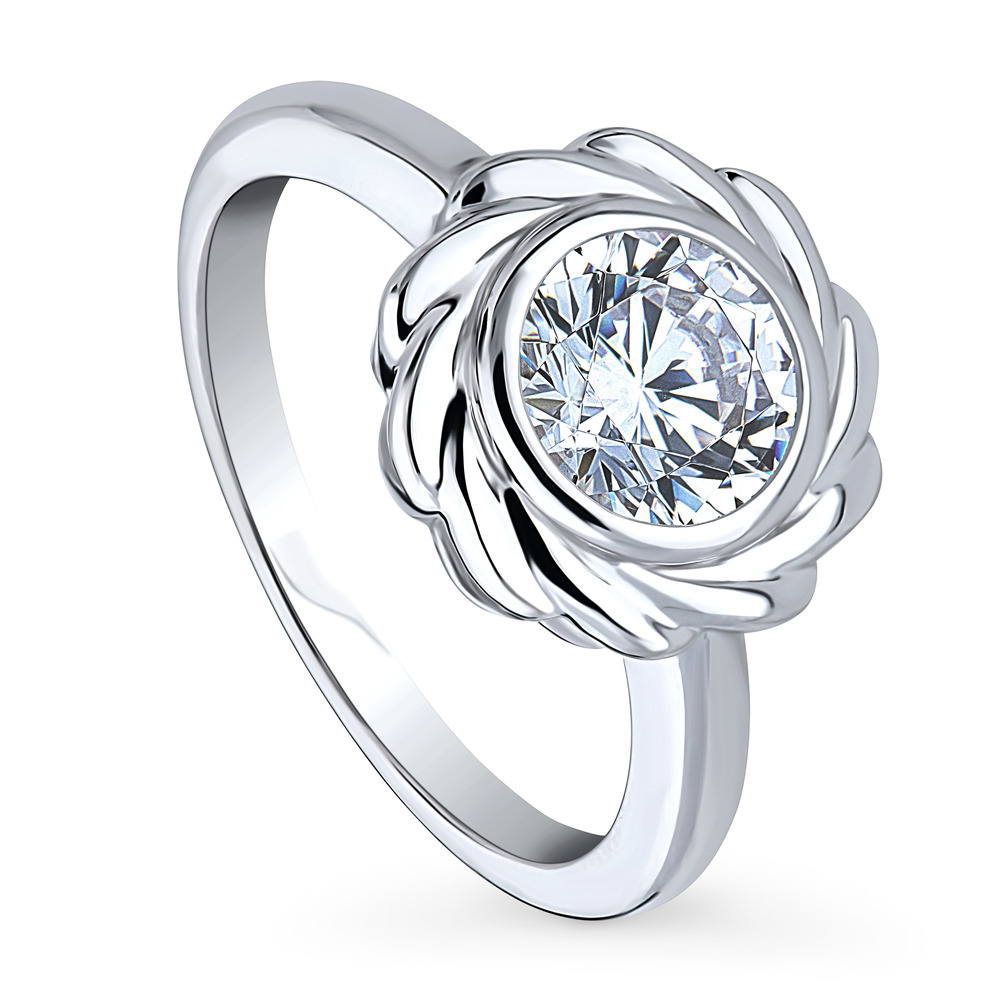 Front view of Woven Solitaire Bezel Set CZ Ring in Sterling Silver