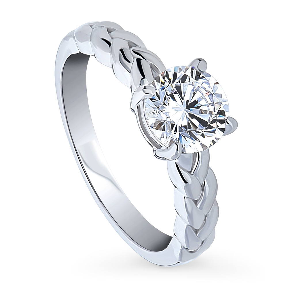 Front view of Woven Solitaire CZ Ring in Sterling Silver