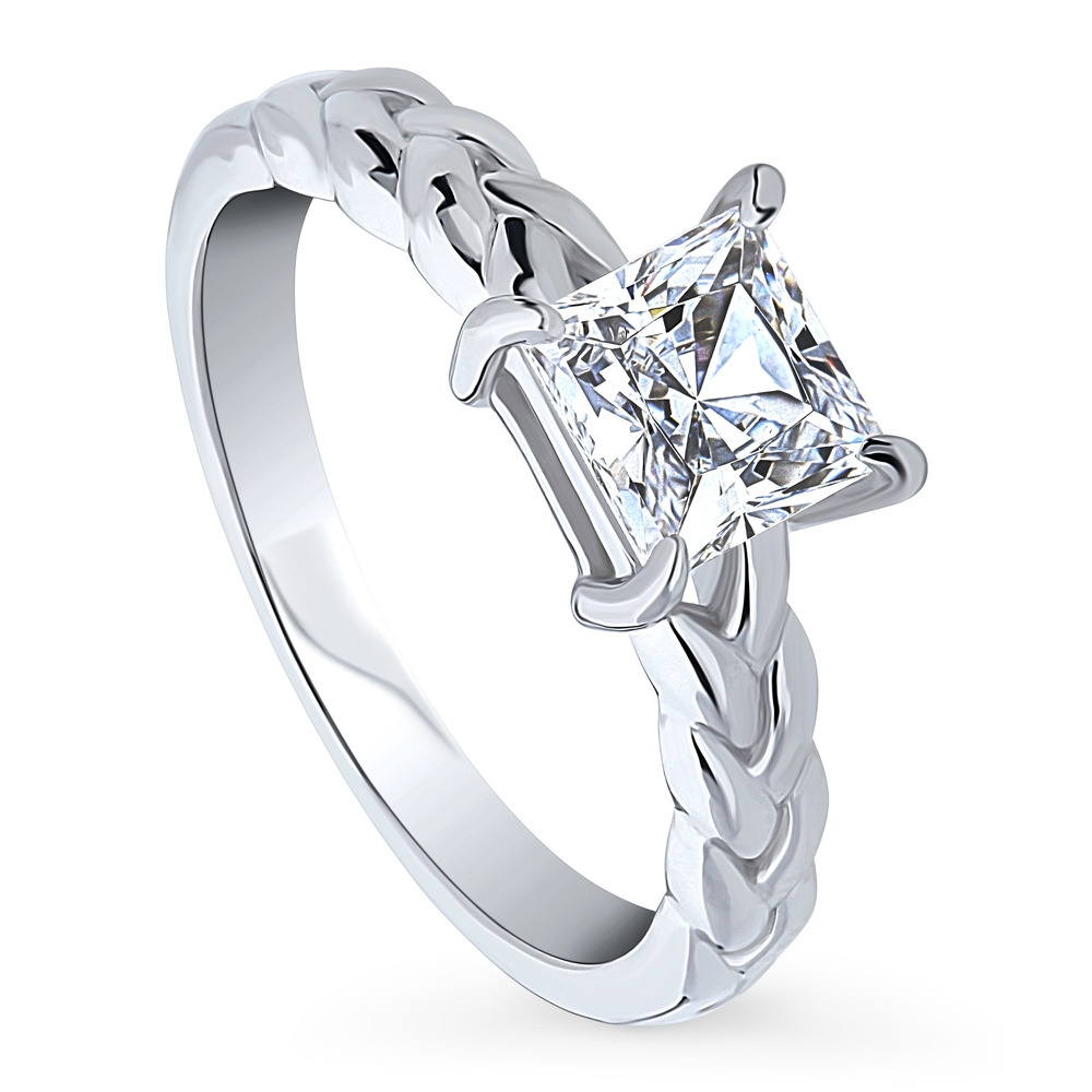 Front view of Woven Solitaire CZ Ring in Sterling Silver