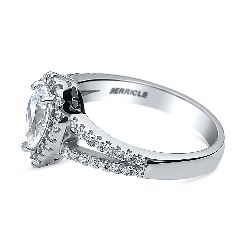 Angle view of Halo Pear CZ Split Shank Ring in Sterling Silver