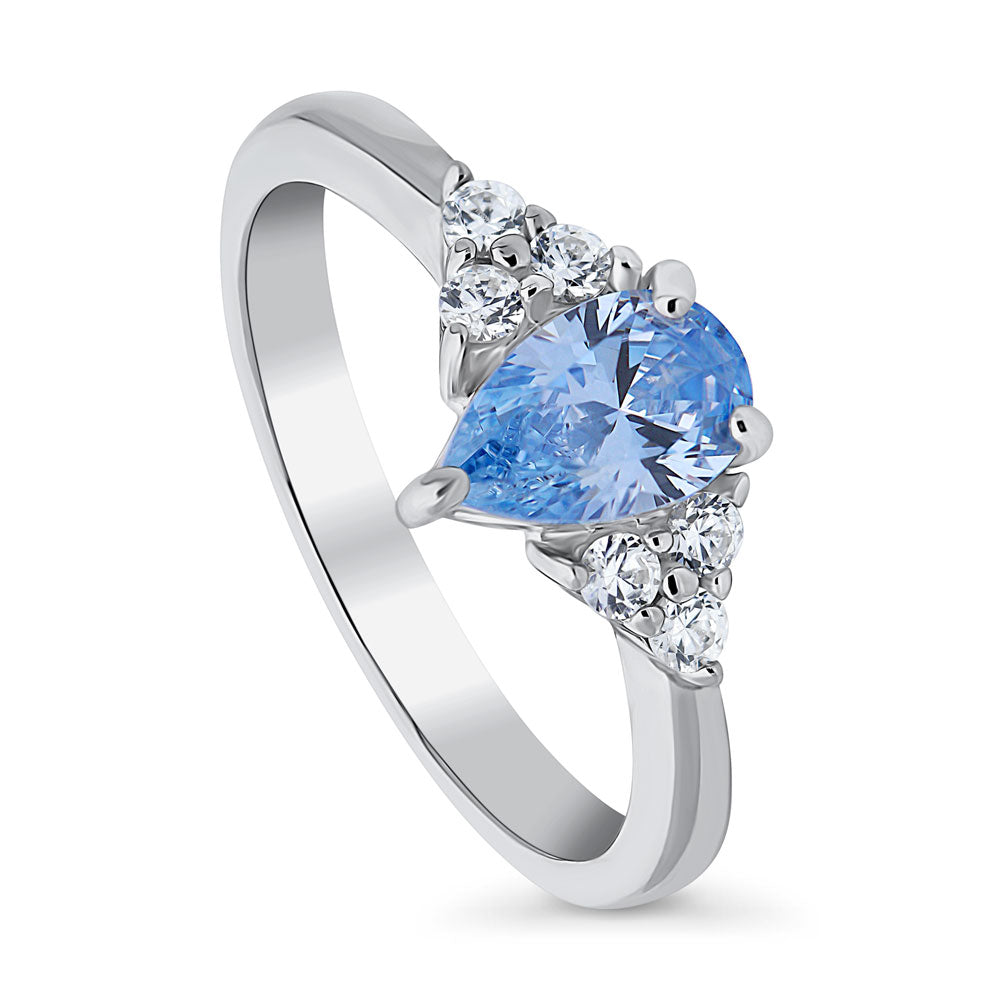 Front view of Solitaire Blue Pear CZ Ring in Sterling Silver 0.8ct, 4 of 8