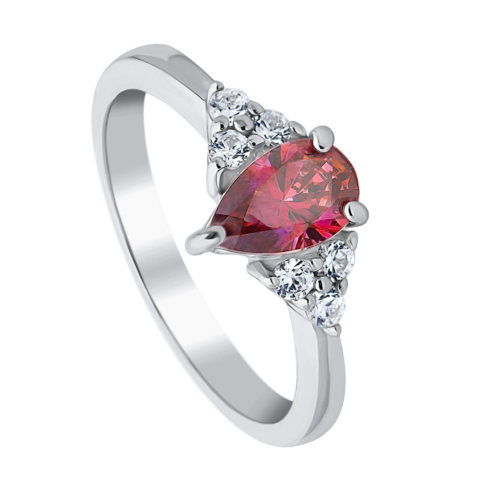 Front view of Solitaire Red Pear CZ Ring in Sterling Silver 0.8ct