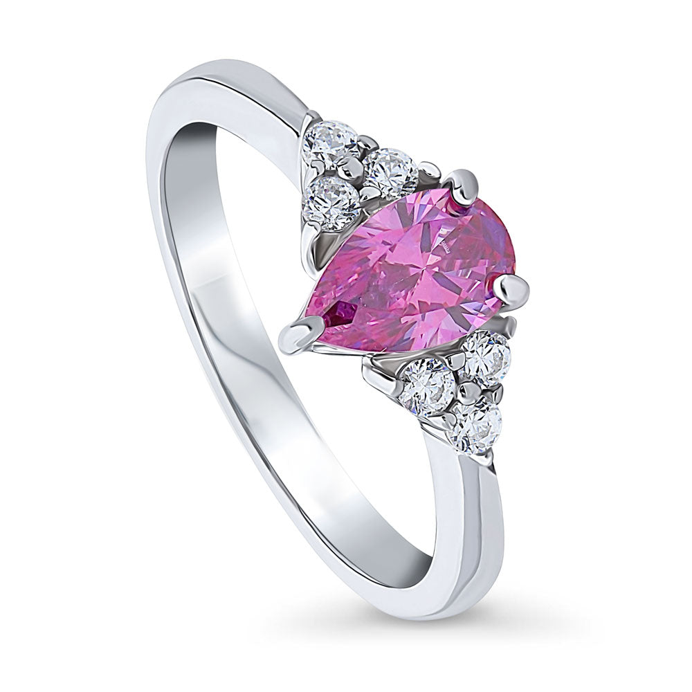 Front view of Solitaire Purple Pear CZ Ring in Sterling Silver 0.8ct