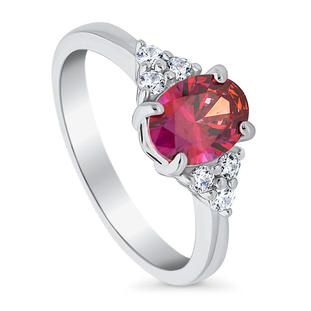 Front view of Solitaire Red Oval CZ Ring in Sterling Silver 1.2ct