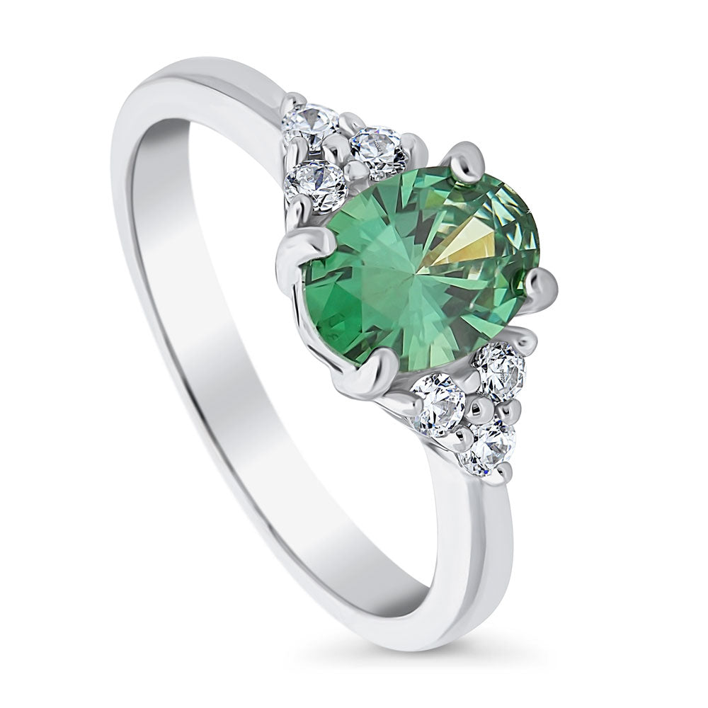 Front view of Solitaire Green Oval CZ Ring in Sterling Silver 1.2ct