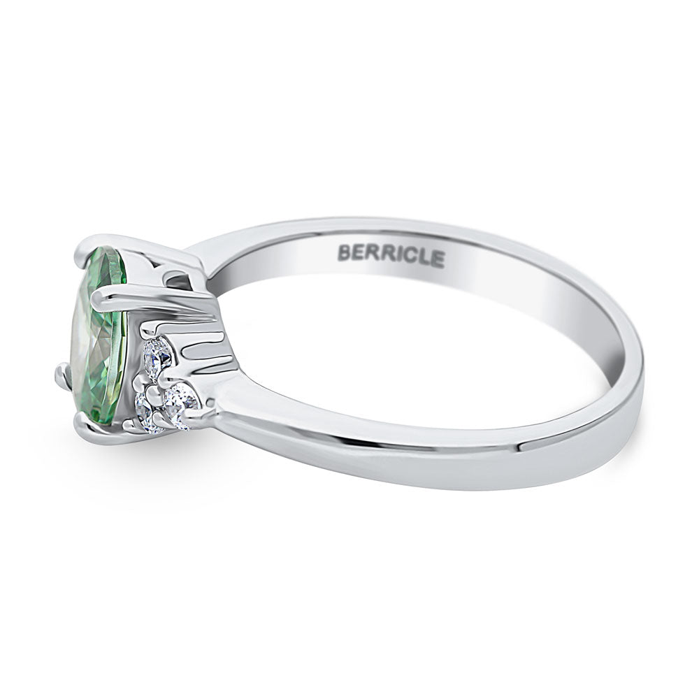 Angle view of Solitaire Green Oval CZ Ring in Sterling Silver 1.2ct