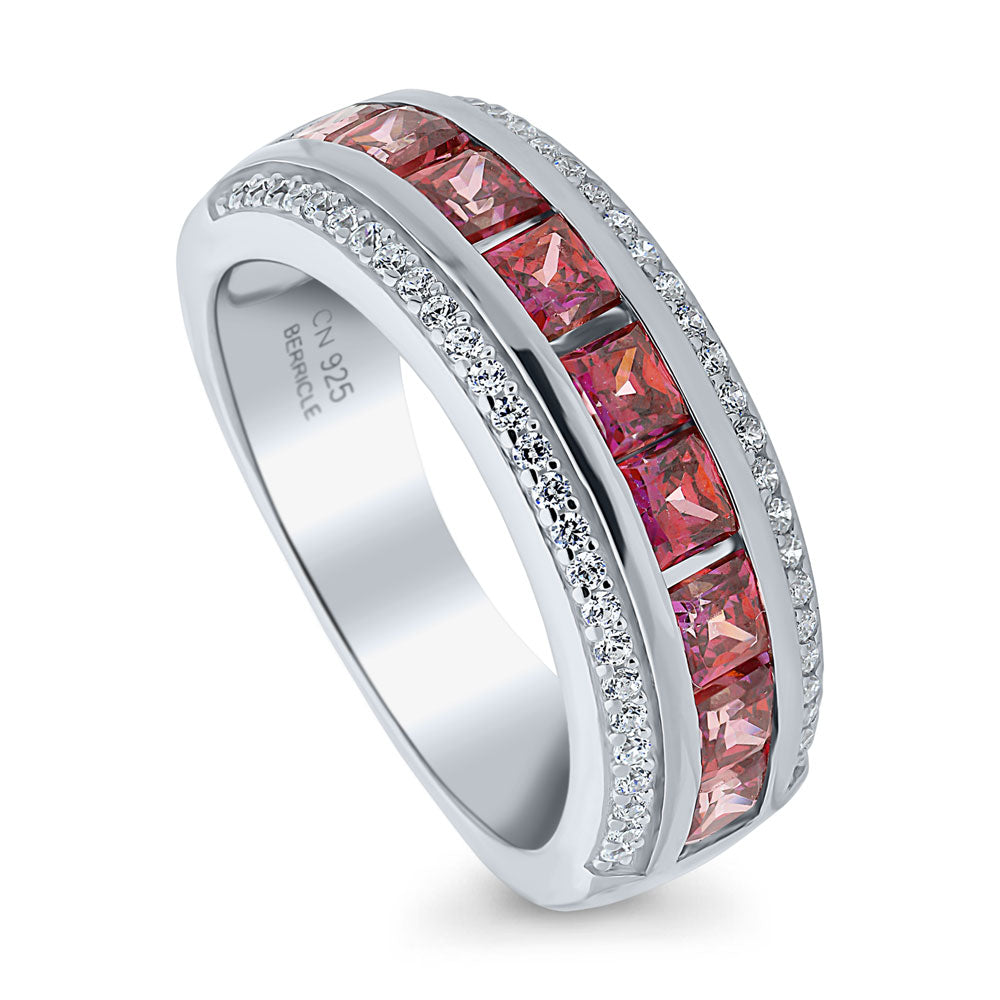 Red Channel Set CZ Half Eternity Ring in Sterling Silver, front view