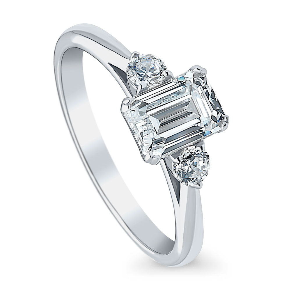 Front view of 3-Stone Emerald Cut CZ Ring in Sterling Silver