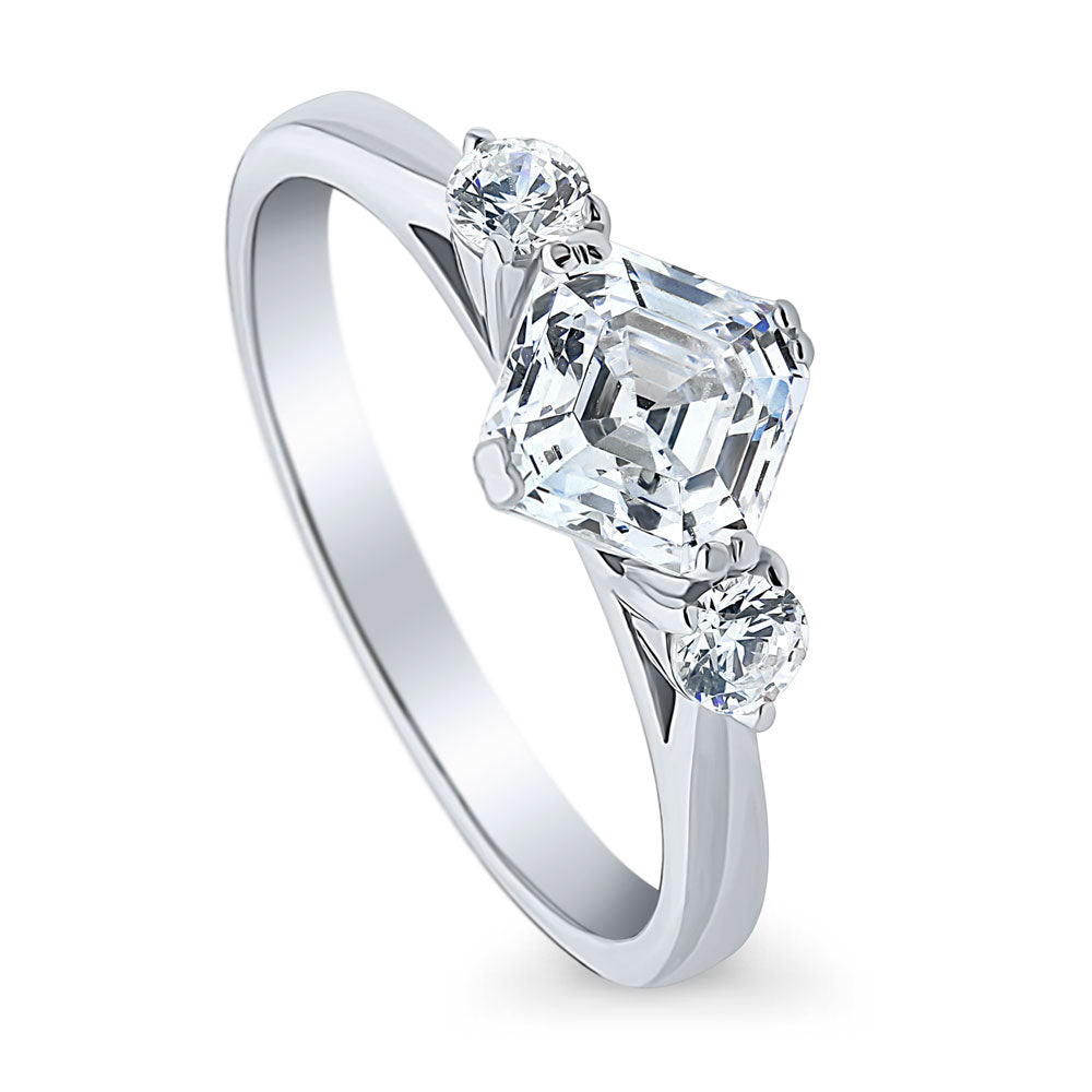 Front view of 3-Stone Asscher CZ Ring in Sterling Silver