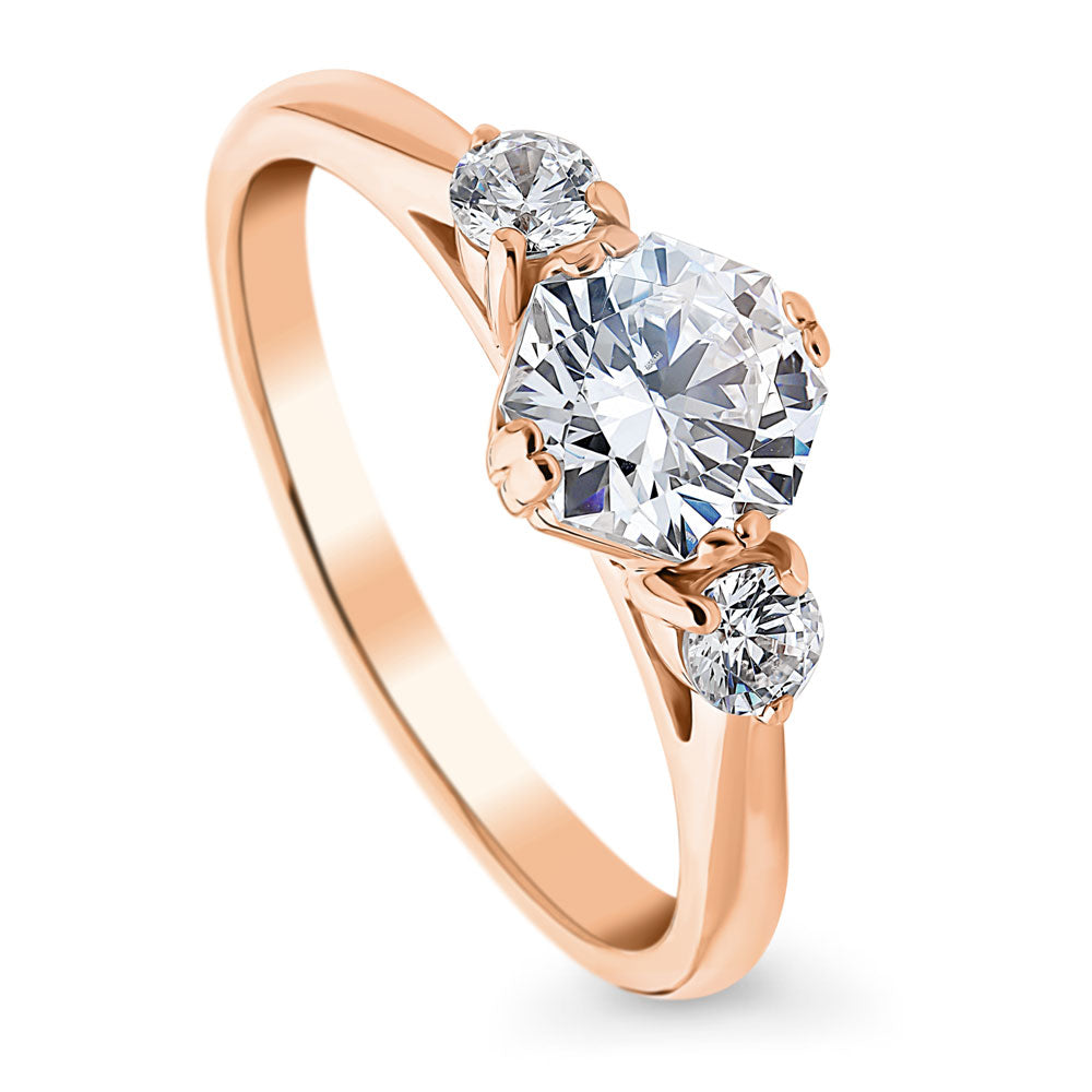 Front view of 3-Stone Octagon Sun CZ Ring in Rose Gold Plated Sterling Silver