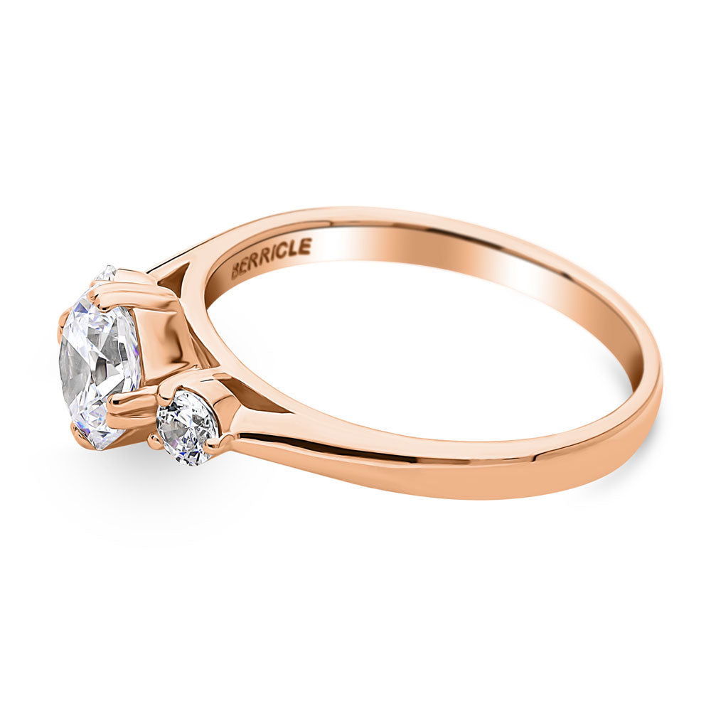 Angle view of 3-Stone Octagon Sun CZ Ring in Rose Gold Plated Sterling Silver